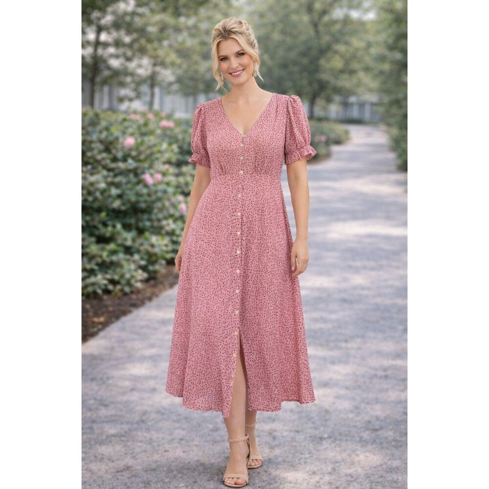 River Island Pink Midi Dress with Puff Sleeves - US Size 2 - UK Size 6